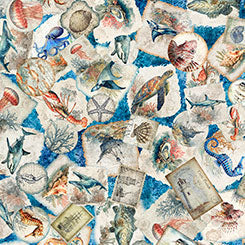 NAUTICUS SEA CREATURES OVERLAPPING PATCH OCEAN 44"/45" Cotton Fabric Per Yard