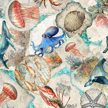 NAUTICUS SEA CREATURES OVERLAPPING PATCH AQUA 44"/45" Cotton Fabric Per Yard