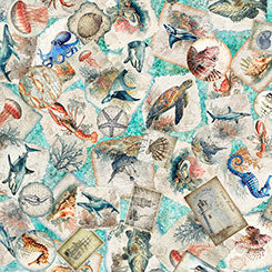 NAUTICUS SEA CREATURES OVERLAPPING PATCH AQUA 44"/45" Cotton Fabric Per Yard