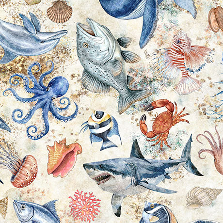NAUTICUS SEA CREATURES CREAM 44"/45" Cotton Fabric Per Yard