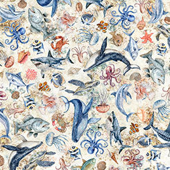 NAUTICUS SEA CREATURES CREAM 44"/45" Cotton Fabric Per Yard