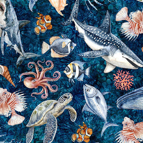 NAUTICUS SEA CREATURES DK NAVY 44"/45" Cotton Fabric Per Yard