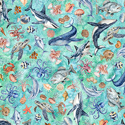 NAUTICUS SEA CREATURES TURQUOISE 44"/45" Cotton Fabric Per Yard