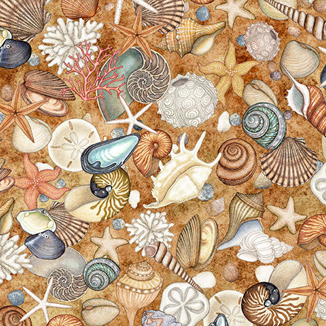 NAUTICUS SHELLS HONEY 44"/45" Fabric Per Yard