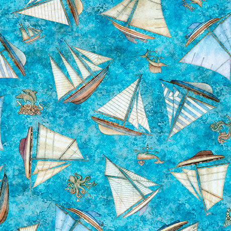 NAUTICUS SHIPS TOSS BLUE 44"/45" Fabric Per Yard