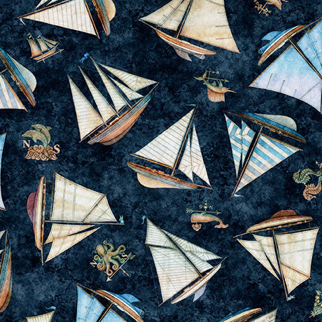 NAUTICUS SHIPS TOSS DK NAVY 44"/45" Fabric Per Yard