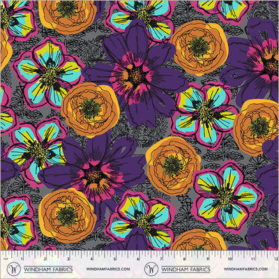 Winding Road Flower Fields Charcoal Cotton 44"/45" Fabric Per Yard
