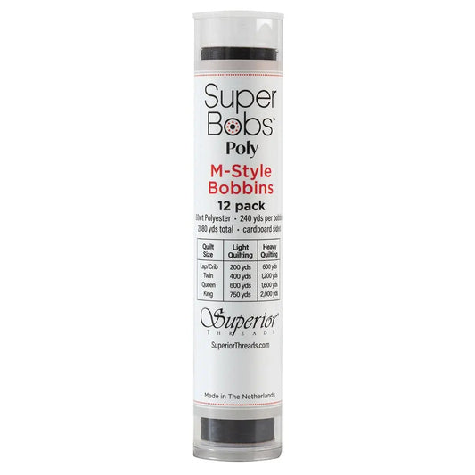 Super Bobs Poly #625 Black (M-Style) 12 pack pre-wound bobbins