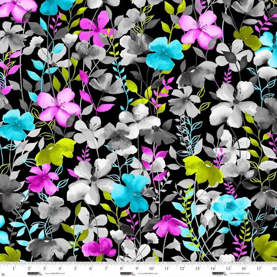 Black Watercolor Floral 44"/45" Cotton Fabric Per Yard