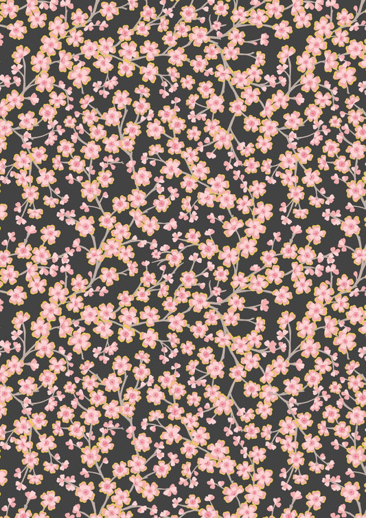 LI Sakura Pink Flowers on Charcoal, Gold Metallic A923C