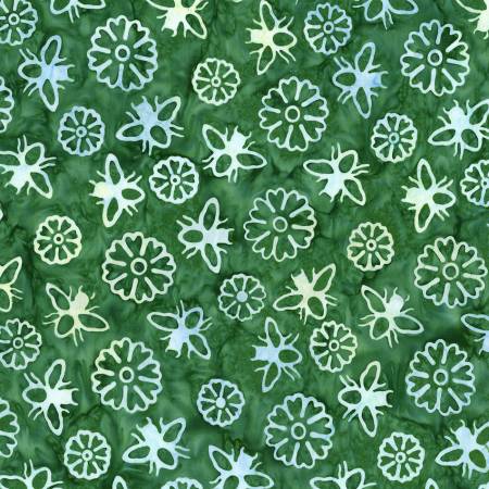 RB Expressions Dark Vintage Green Watercolor Daisies Batiks