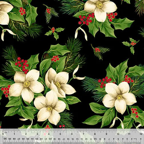 Black Christmas Blooms Wideback Cotton Fabric (1 3/4 yard pack)