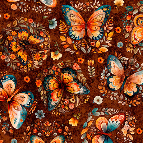 Burnt Umber Butterflies Harvest Hollow 44"/45" Cotton Fabric per yard
