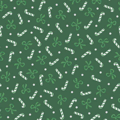 Candy Canes And Bows Metallic Green Merry Mix 43"/44" Cotton Fabric Per Yard