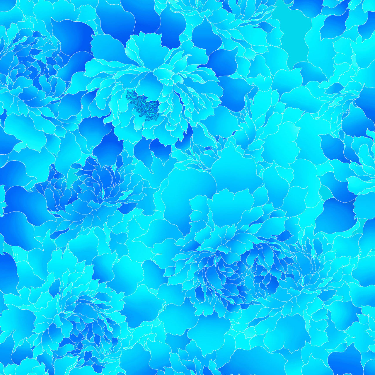 Cerulean Monochromatic Peony 118" Peony Paradise Cotton Wideback Fabric Per Yard