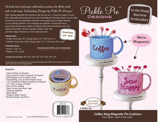Coffee Mug Magnetic Pin Cushions In the Hoop Machine Embroidery Design Set