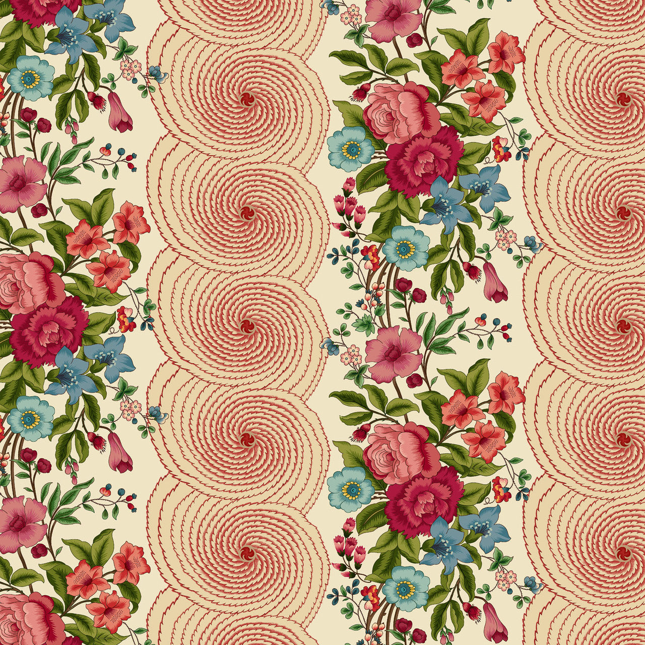 Cream Multi Large Border Stripe Lost Gardens of Heligan Cotton 43"/44" Fabric Per Yard