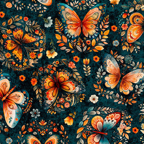 Dark Teal Butterflies Harvest Hollow 44"/45" Cotton Fabric per yard