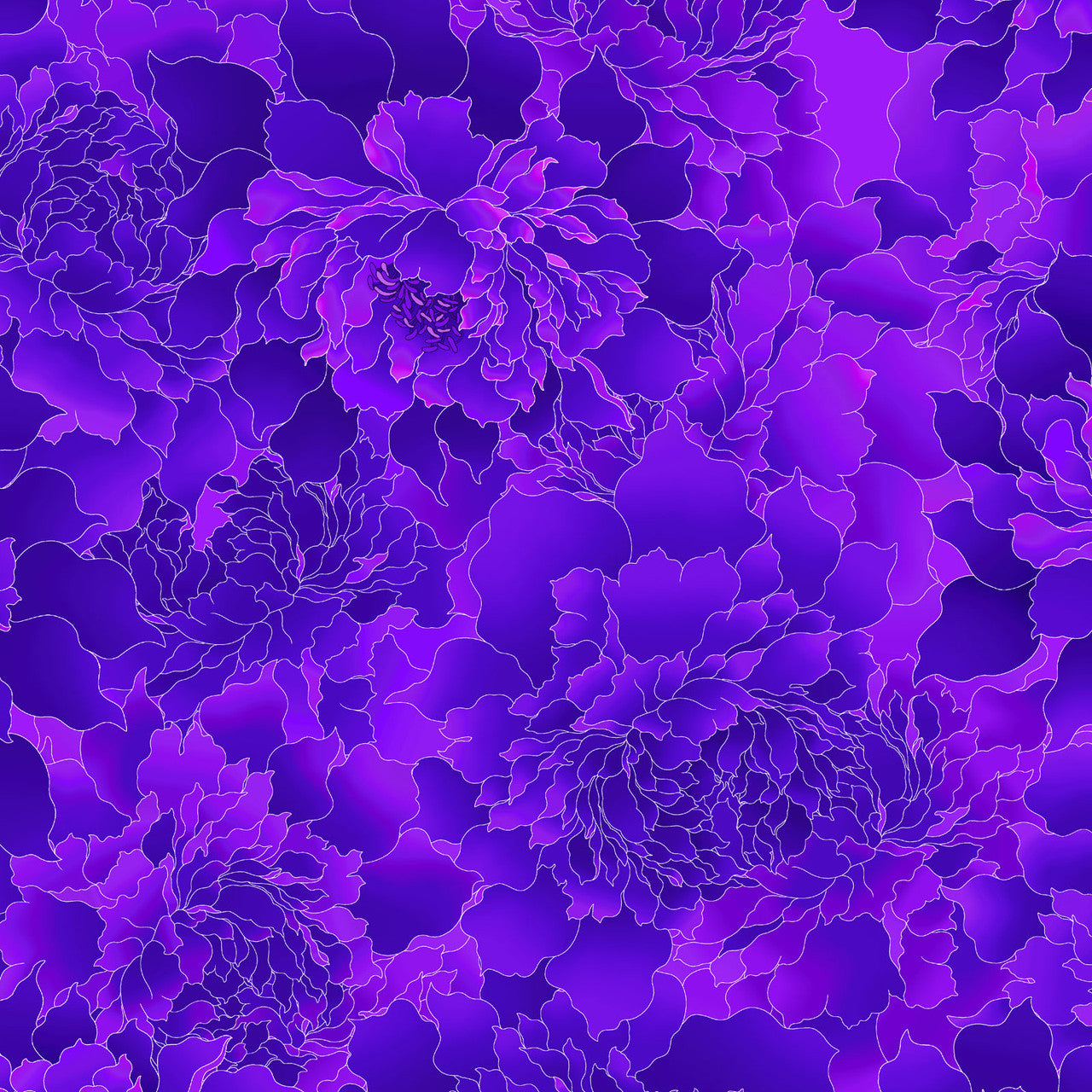 Deep Purple Monochromatic Peony 118" Peony Paradise Cotton Wideback Fabric Per Yard