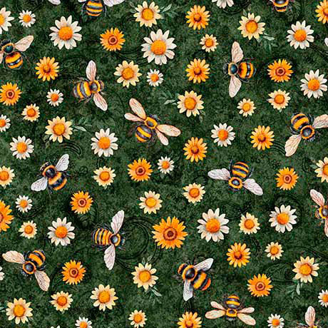 Forest Sunflower Serenade Sunflowers And Bumblebees Cotton 44/45 Fabric Per Yard