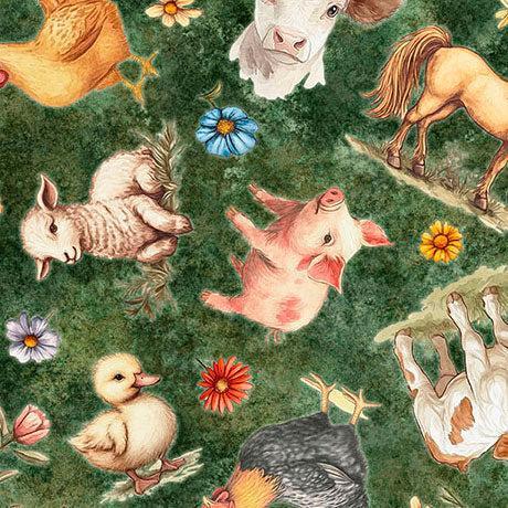Green Farm Animal Toss Lil Farmers Cotton 44"/45" Fabric Per Yard