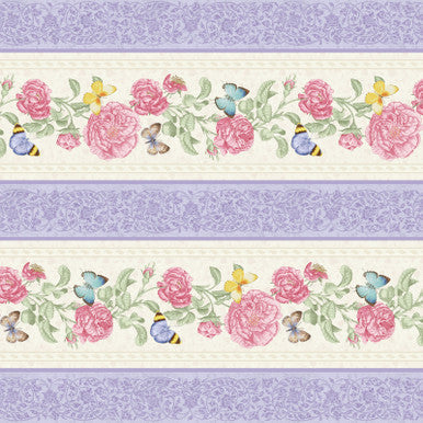 Border Stripe Pink Lavender Fluttering Florals Cotton 43"/44" Fabric Per Yard