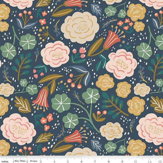 Ivy Reese Floral Navy Cotton Wideback Fabric per yard