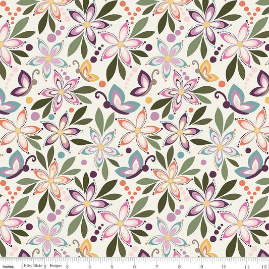Juju's Petals Main Cream Cotton 43"/44" Fabric Per Yard
