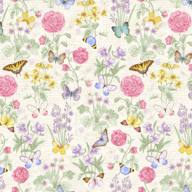 Large Floral - Cream/Multi Fluttering Florals Cotton 43"/44" Fabric Per Yard