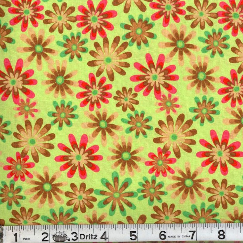 Lt Green Flower Power 45" Wide Cotton Fabric Per Yard