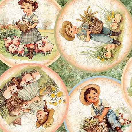 Lt Green Lil Farmers Circle Vignettes Cotton 44"/45" Fabric Per Yard