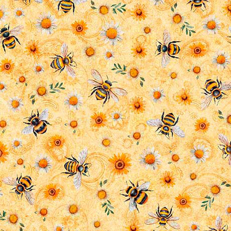 Melon Sunflower Serenade Sunflowers And Bumblebees Cotton 44/45 Fabric Per Yard