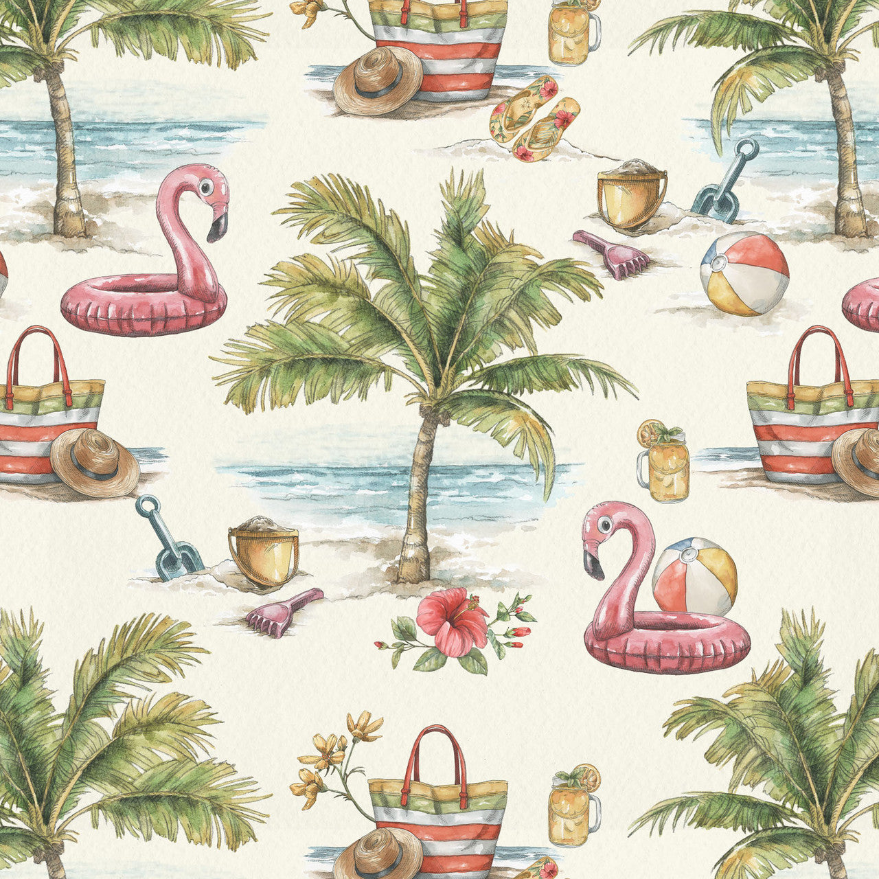 Multi Beach Vintage Summer 43"/44" Cotton Fabric Per Yard