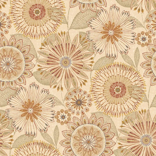Natural Tan Floral Medallions Cotton Wideback Fabric per yard