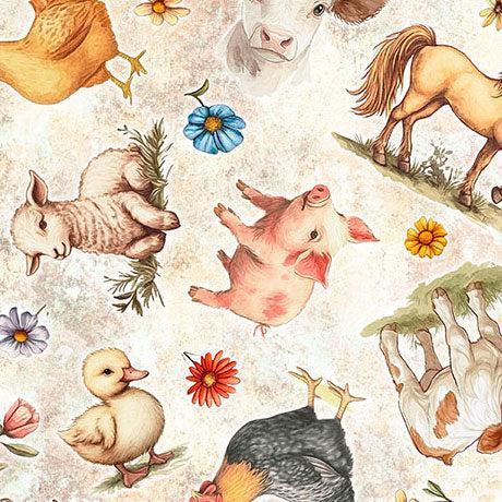 Oatmeal Farm Animal Toss Lil Farmers Cotton 44"/45" Fabric Per Yard