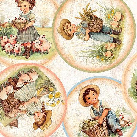 Oatmeal Lil Farmers Circle Vignettes Cotton 44"/45" Fabric Per Yard