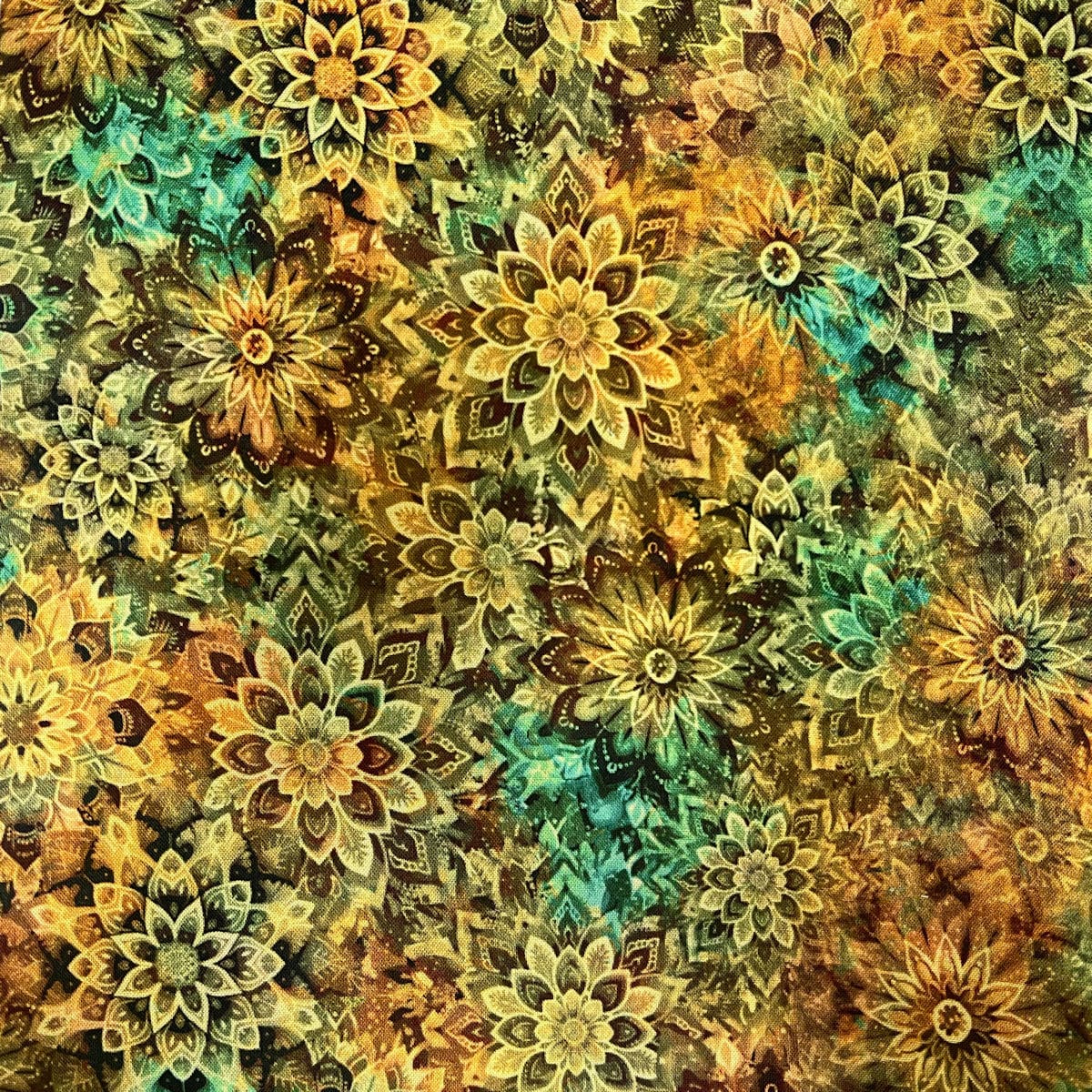Olive & Gold Quilt Back - Dancin' Dahlias 108" wide Fabric per yard