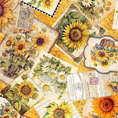 Orange Sunflower Serenade Ephemera Cotton 44/45 Fabric Per Yard