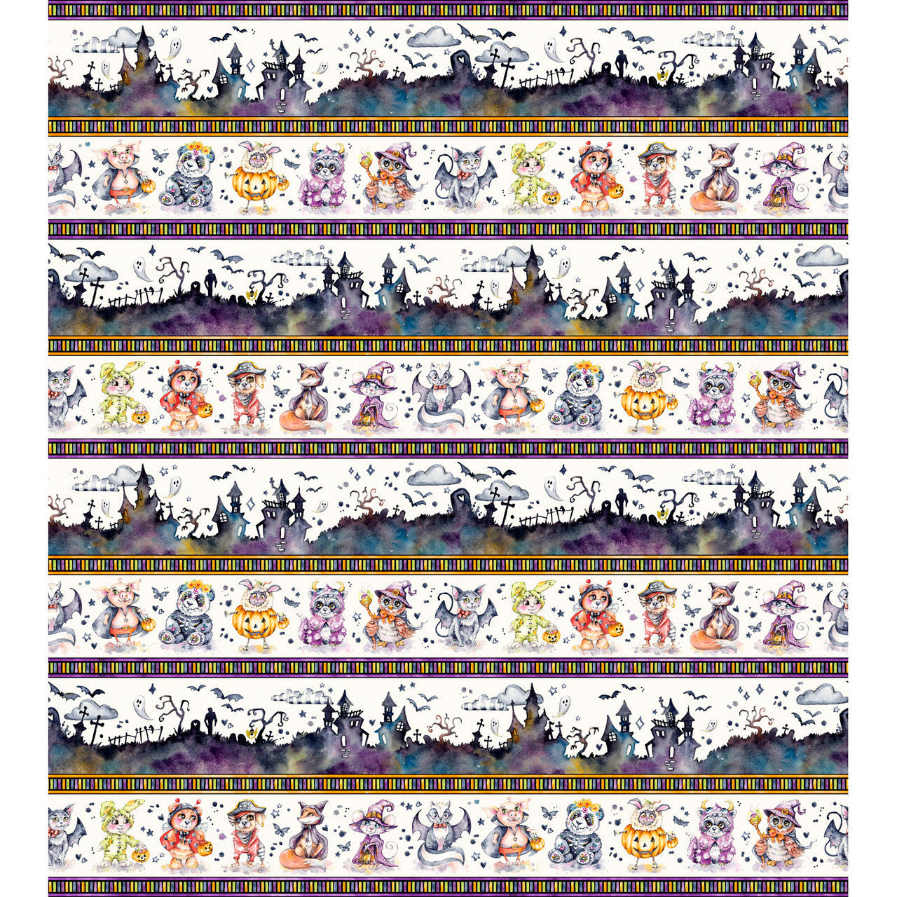 Spooky Scene Border Stripe Multi Cotton 44"/45" Fabric Per Yard