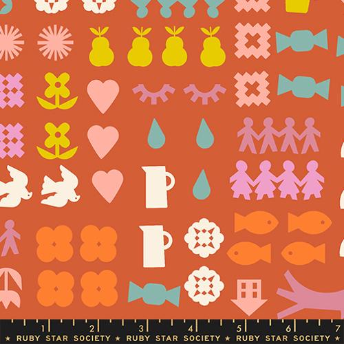 Paper Cuts 2 Persimmon Orange Icons Ephemera Cotton 43"/44" Fabric Per Yard