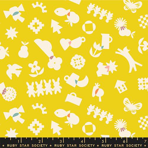 Paper Cuts 2 Starfruit Yellow Icons Ephemera Cotton 43"/44" Fabric Per Yard