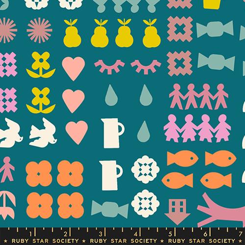 Paper Cuts 2 Storytime Turquoise Icons Ephemera Cotton 43"/44" Fabric Per Yard