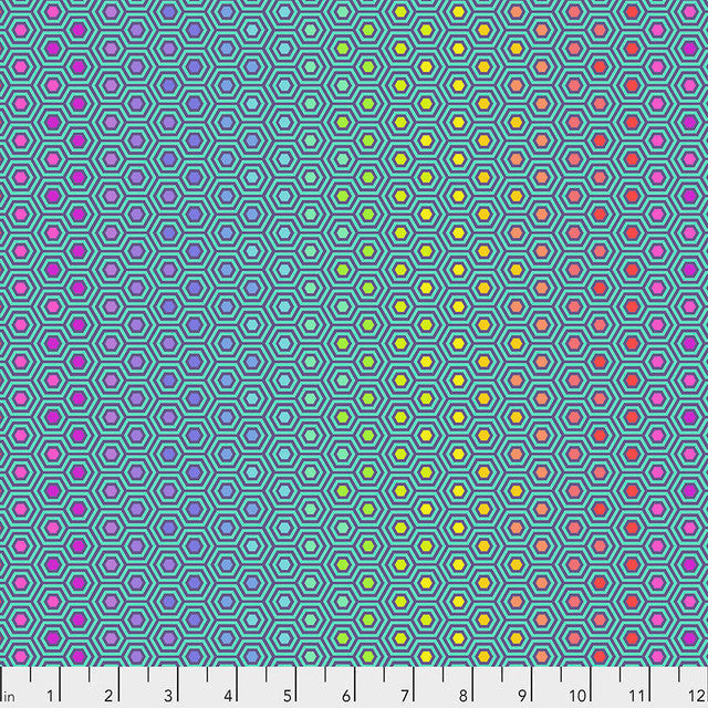 Peacock Hexy Rainbow Tula's True Colors 44"/45" Cotton Fabric Per Yard