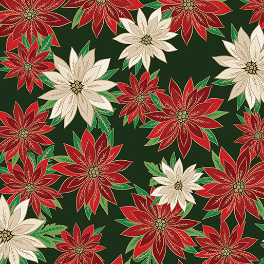 Poinsettias In Bloom Forest Green Cotton 44"/45" Fabric Per Yard