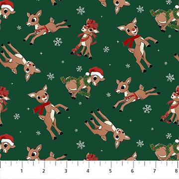 Rudolph The Red-Nosed Reindeer Rudolph Toss Dark Green 44"/45" Cotton Fabric Per Yard