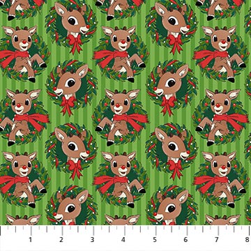 Rudolph The Red-Nosed Reindeer Rudolph Wreath Green 44"/45" Cotton Fabric Per Yard