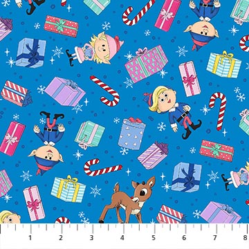 Rudolph The Red-Nosed Reindeer Presents Blue 44"/45" Cotton Fabric Per Yard