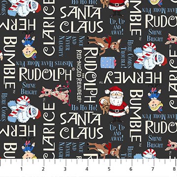 Rudolph The Red-Nosed Reindeer Phrases Charcoal 44"/45" Cotton Fabric Per Yard