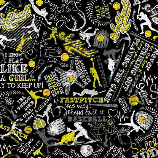 Black Girl's Softball Text Fitness Fanatic 44"/45" Fabric Per Yard