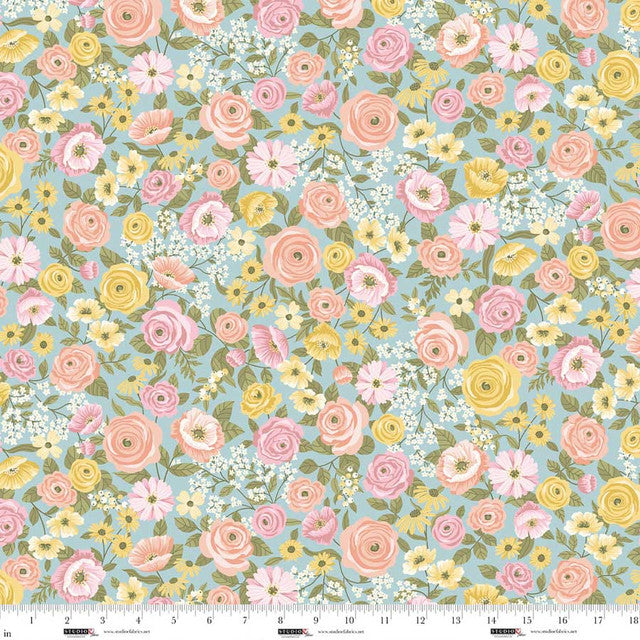 Serene Blue Multi Floral Layla 44"/45" Cotton Fabric per Yard